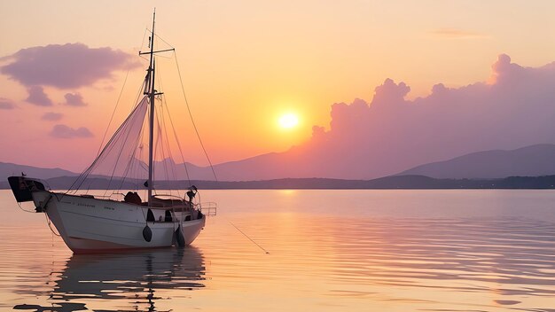 Uitzicht op een boot op het water bij zonsondergang