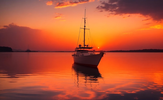 Uitzicht op een boot op het water bij zonsondergang
