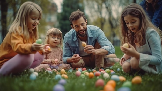 uitzicht op een gezin dat gekleurde eieren speelt op de achtergrond van het gras