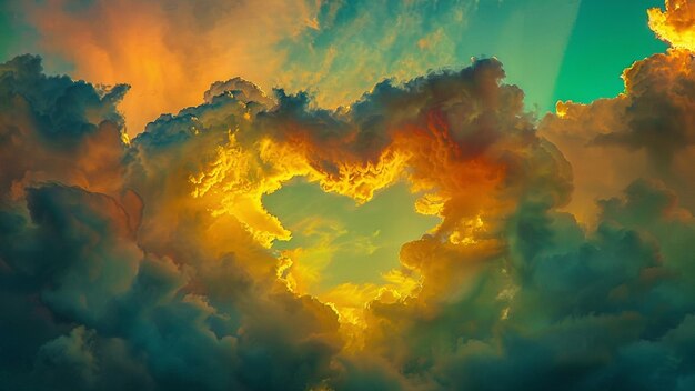 uitzicht op een hartvormige wolk in groen behang
