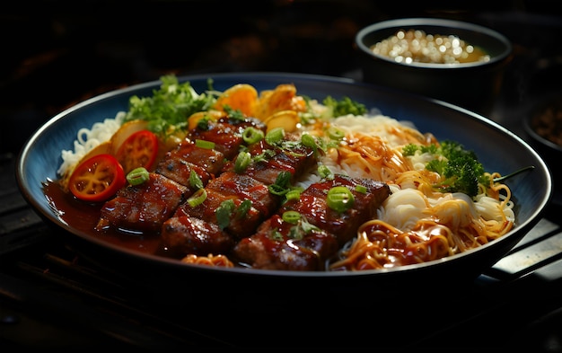 Uitzicht op een heerlijk heerlijk eten, vlees, noedels, barbecue, yum tum menu op een bord.