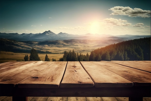 Uitzicht op een helder landschap vanaf een houten tafel