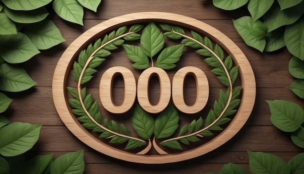 Uitzicht op een houten logo 100 biologisch met bladeren rond 3D-weergave