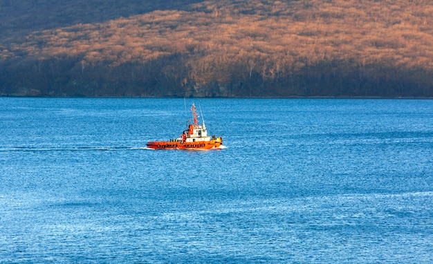 Uitzicht op een kleine sleepboot in de zee