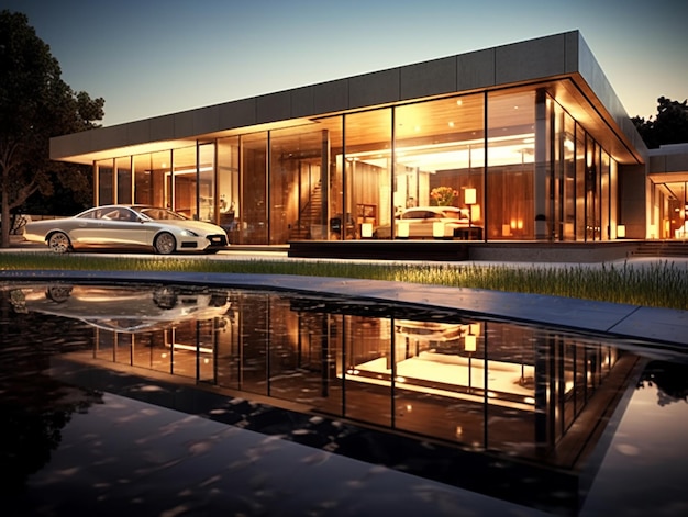 Foto uitzicht op een modern huis met een zwembad en een auto generatieve ai