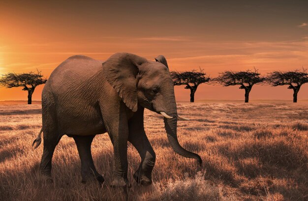 Uitzicht op een olifant op het veld bij zonsondergang