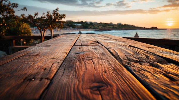 Foto uitzicht op een oude houten tafel aan de kust op een strandlandschap met zonsondergang