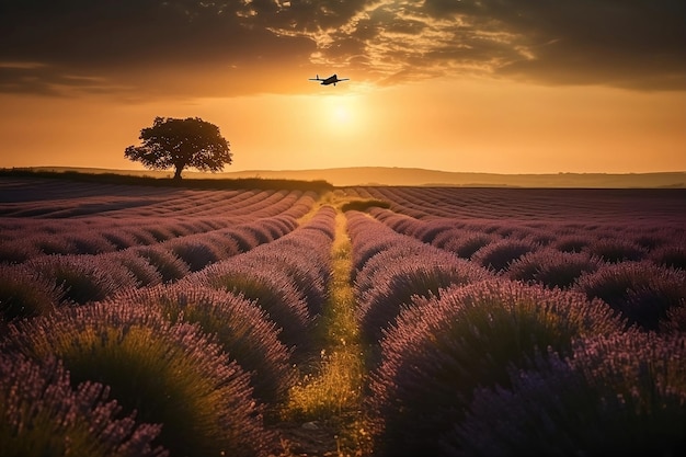 Uitzicht op een prachtig lavendelveld bij zonsondergang Generatieve AI