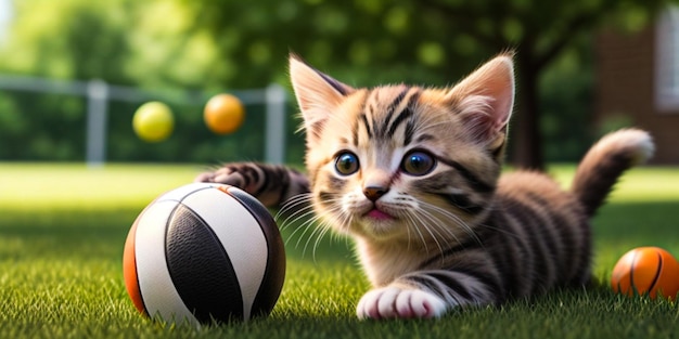 Uitzicht op een schattig kitten dat buiten met de bal speelt