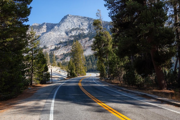 Uitzicht op een schilderachtige weg Tioga Pass in de vallei omringd door bergen