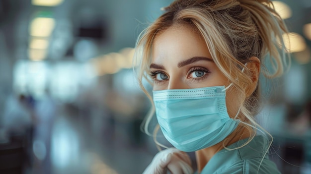 Uitzicht op een serieuze vrouwelijke verpleegster in uniform die een medisch masker draagt voor het werk in de kliniek tijdens de coronavirus-epidemie