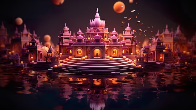 Uitzicht op een tempel versierd met klei Diya olielampen Diwali vakantie