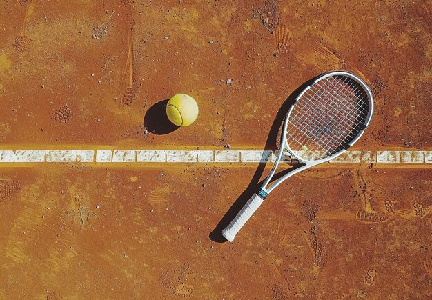 Uitzicht op een tennisracket en een bal op een kleiveld, ideaal voor het vertegenwoordigen van een sportopleiding of wedstrijd