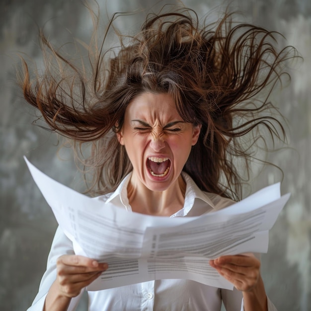 Uitzicht op een vrouw die gestrest is van haar werk met papieren in de hand