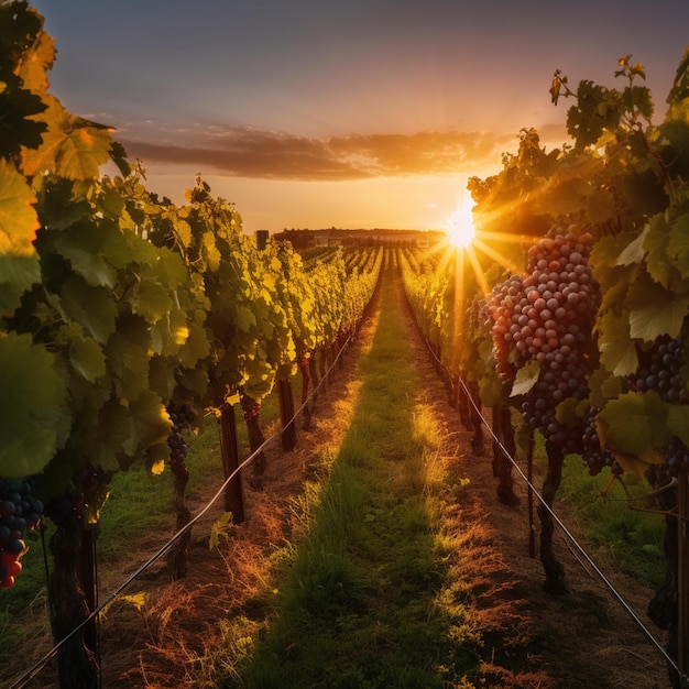 Uitzicht op een wijngaard met een zonsondergang op de achtergrond generatieve ai
