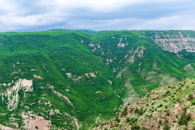 Uitzicht op het berglandschap van een enorme kloof met rotsachtige groene hellingen