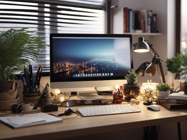 Uitzicht op het bureau met computer en decoraties