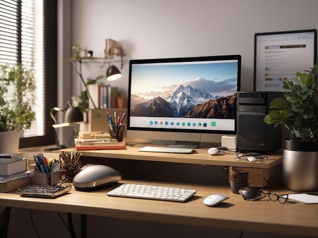 Uitzicht op het bureau met computer en decoraties