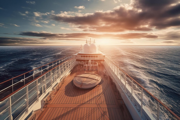 Uitzicht op het dek van een luxe cruiseschip tegen een prachtige zonsonderganghemel en een prachtige hemel aan de zeehorizon