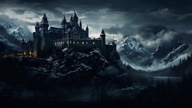 Foto uitzicht op het donkere kasteel met donkere hemel's nachts