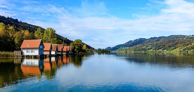 Uitzicht op het grote Grosser Alpsee meer bij Immenstadt im Allgäu met houten huizen blauwe lucht Beieren Duitsland