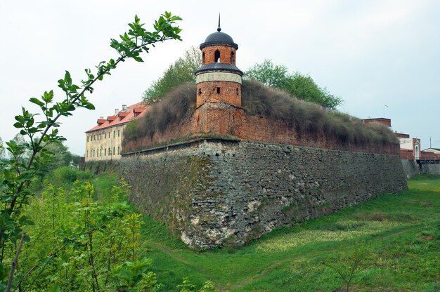 Uitzicht op het historische kasteel Ostrozkyi onder de bewolkte hemel in Dubno, regio Rivne in Oekraïne. Horizontaal buiten schot.