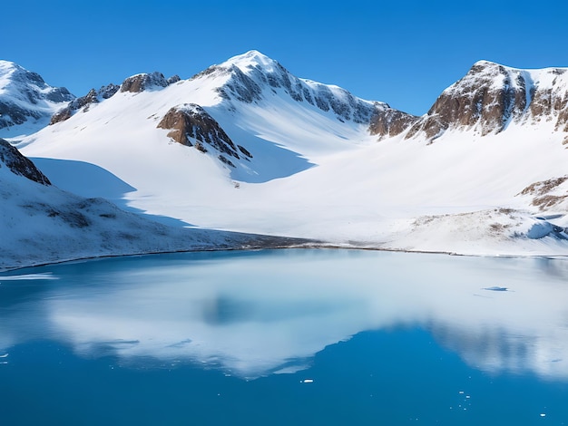 Uitzicht op het ijzige meer en de hoge besneeuwde bergen