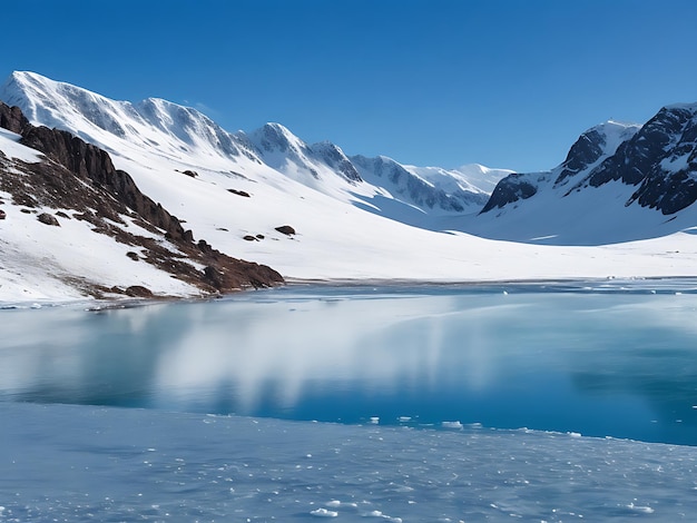 Uitzicht op het ijzige meer en de hoge besneeuwde bergen