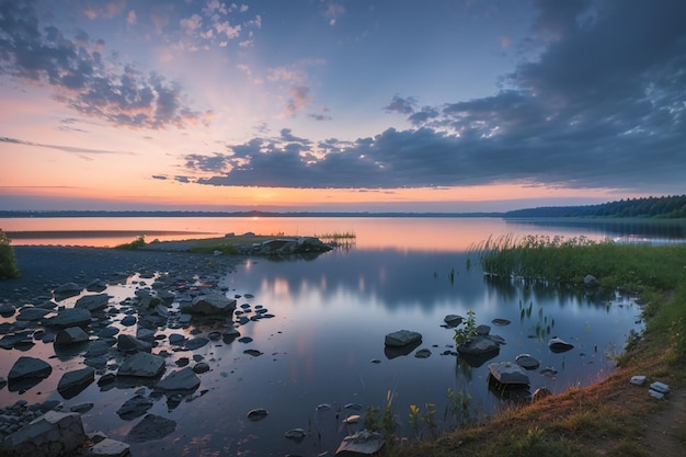 Uitzicht op het meer Svityaz na zonsondergang Oekraïne