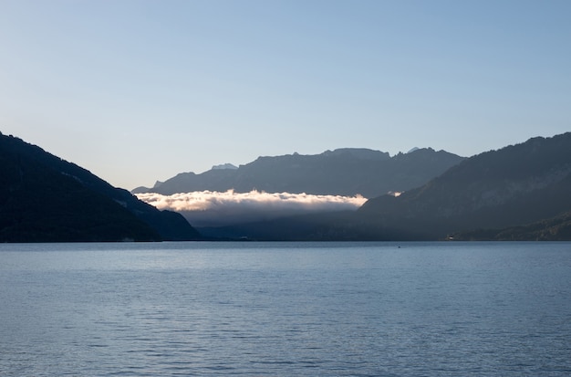 Uitzicht op het meer van Thun en de bergen, stad Spiez, Zwitserland, Europa. Zomerlandschap, zonneschijn, blauwe lucht en zonnige dag