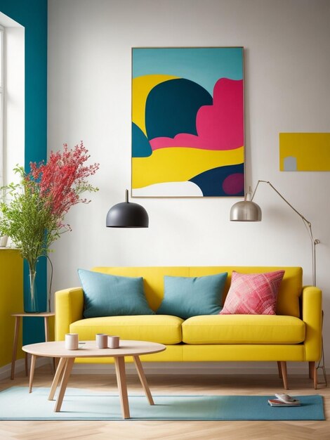 uitzicht op het moderne interieur in Scandinavische stijl met bank close view kleurrijke schilderijen gegenereerd ai