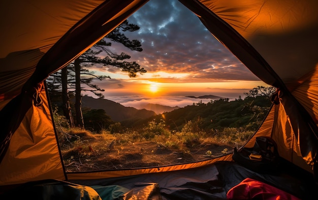 Uitzicht op het serene landschap vanuit een tent Camping zonsondergang