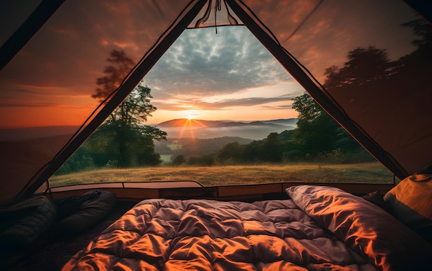 Uitzicht op het serene landschap vanuit een tent Camping zonsondergang