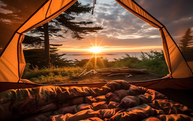 Uitzicht op het serene landschap vanuit een tent Camping zonsondergang