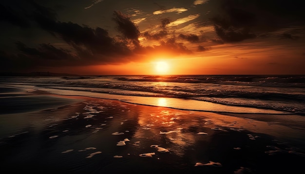 Uitzicht op het strand met dromerige sfeer en betoverende zonsondergang en oceaan op de achtergrond