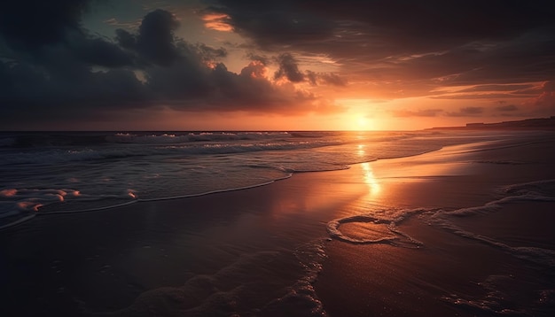 Uitzicht op het strand met dromerige sfeer en betoverende zonsondergang en oceaan op de achtergrond