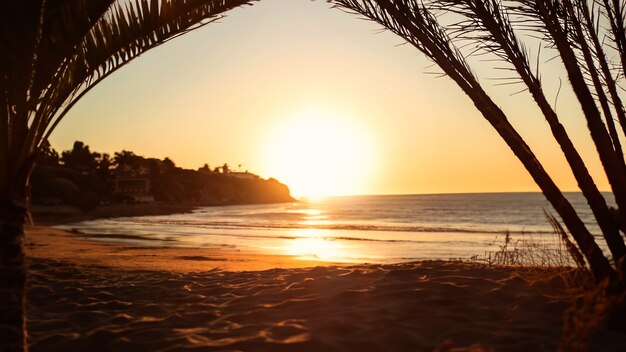 Uitzicht op het strand met zonsondergang en palmbomen