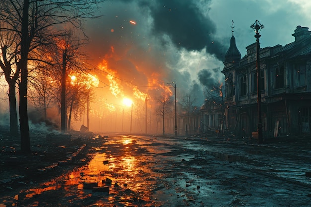 Uitzicht op het verbranden van moderne stadsgebouwen na de oorlog