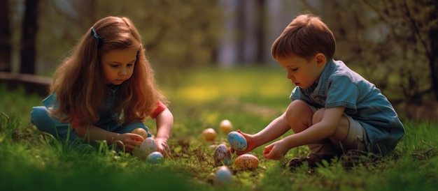 uitzicht op kinderen die gekleurde eieren spelen op de achtergrond van het gras