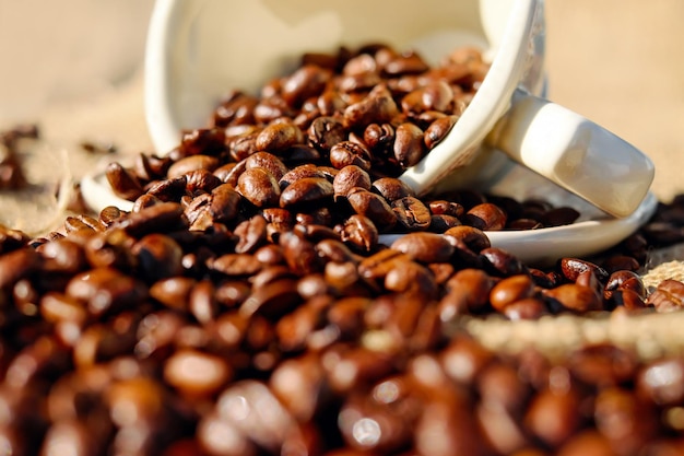 Uitzicht op koffiebonen die uit een kopje stromen