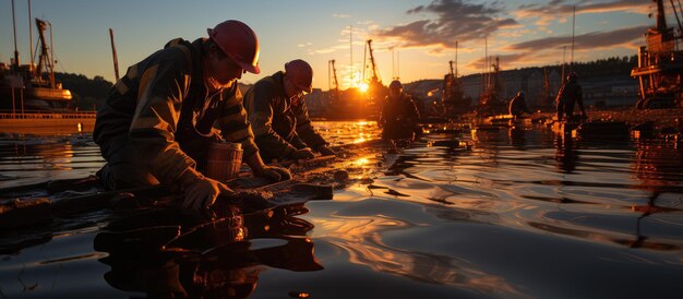 Foto uitzicht op olieboringen met silhouetten van oliewerkers aan het werk