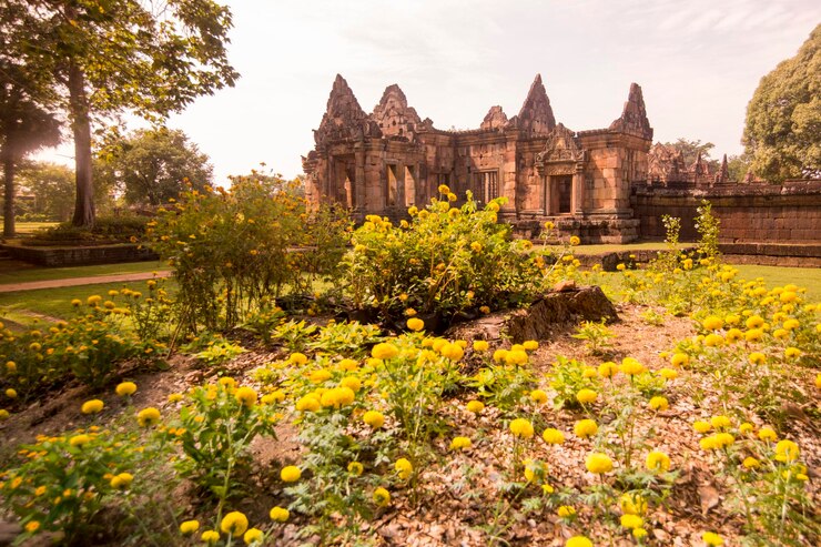 Foto uitzicht op planten voor het historische gebouw