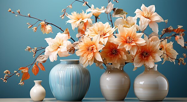 Foto uitzicht op prachtige kleurrijke vazen en bloemenarrangementen in een kamer