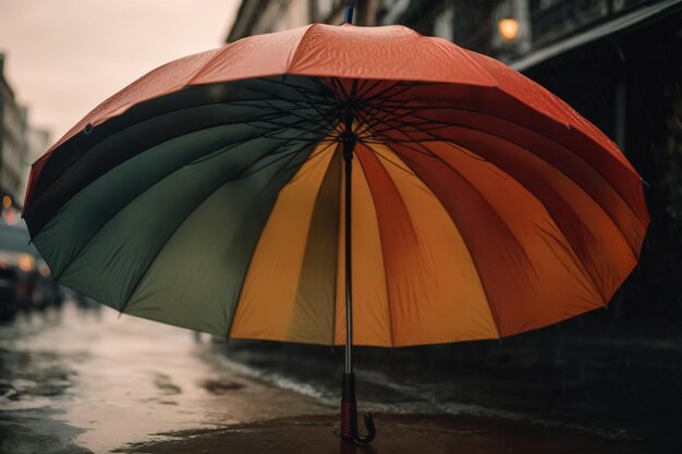 Uitzicht op regenboogparaplu op de vloer in een stedelijk park in de herfst