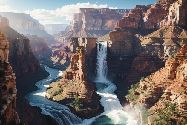 uitzicht op rotsbergen met waterval en rivier