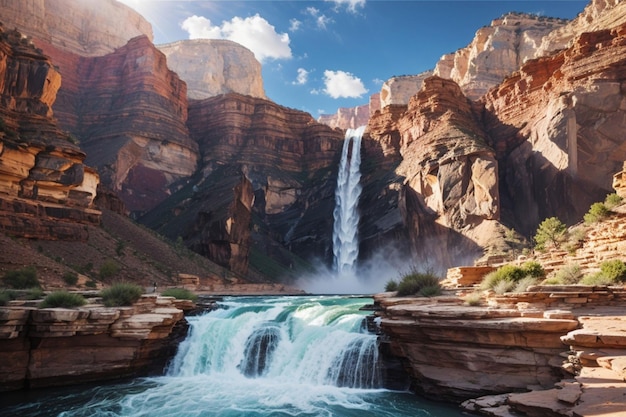 uitzicht op rotsbergen met waterval en rivier