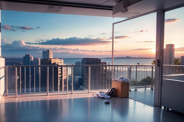 Uitzicht op Seattle vanaf een balkon met een doos op de vloer en een stadsgezicht op de achtergrond.