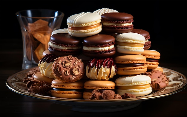 Uitzicht op smakelijke koekjes voedsel in verschillende lagen op een bord