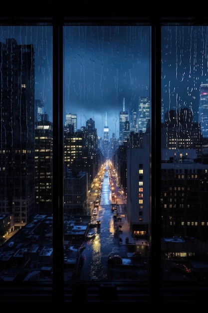 uitzicht op stadsgebouwen terwijl het 's nachts regent vanuit een glazen raam