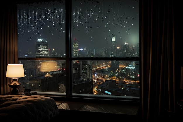 uitzicht op stadsgebouwen terwijl het 's nachts regent vanuit een glazen raam